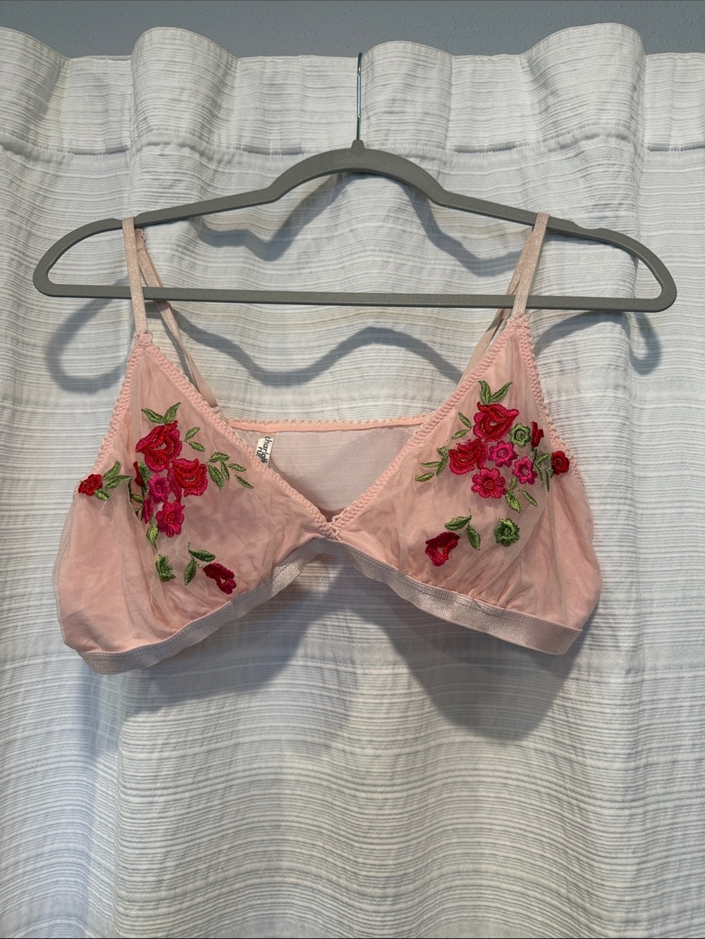 Charlotte Russe Pink Mesh Bralette with Red Floral Embroidery